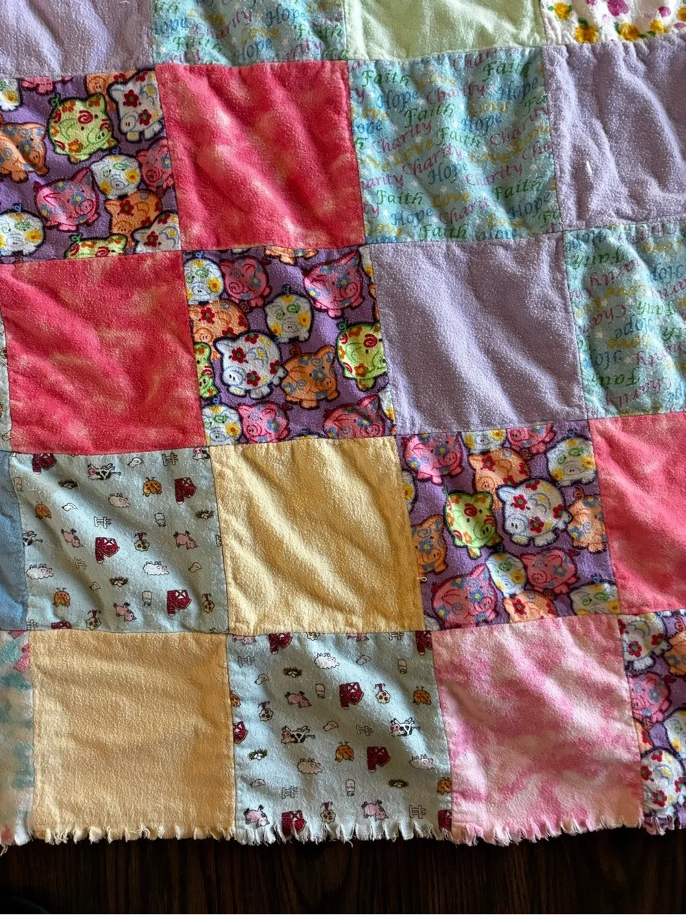 Handmade Charlotte’s Web Inspired Rag Quilt Throw 59x63 Pastel - Stain